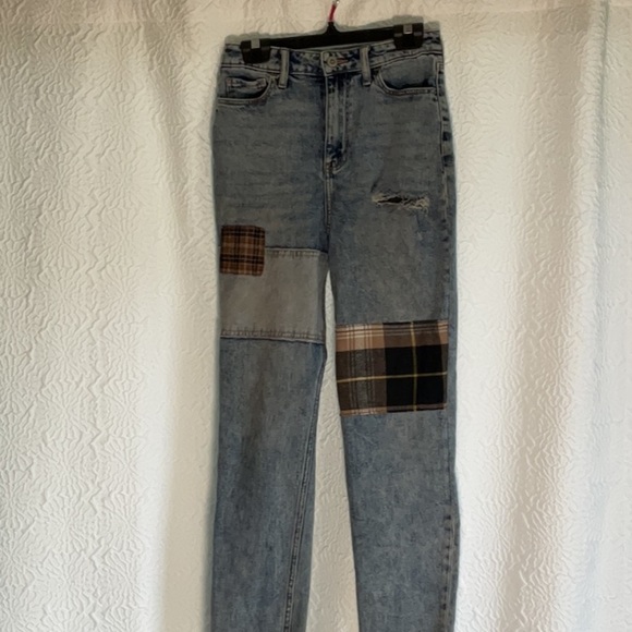 Hollister High Rise Patchwork Jeans - Blue and Plaid - Picture 1 of 8